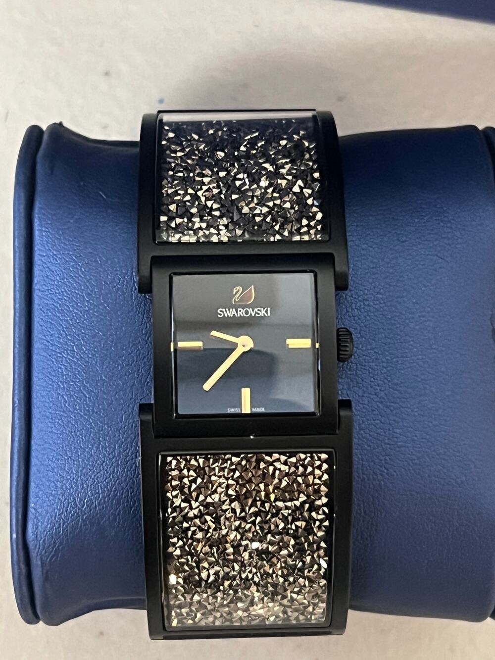 Swarovski Crystalline Bangle Watch #5027136 Black Gold Crystals Swiss Quartz